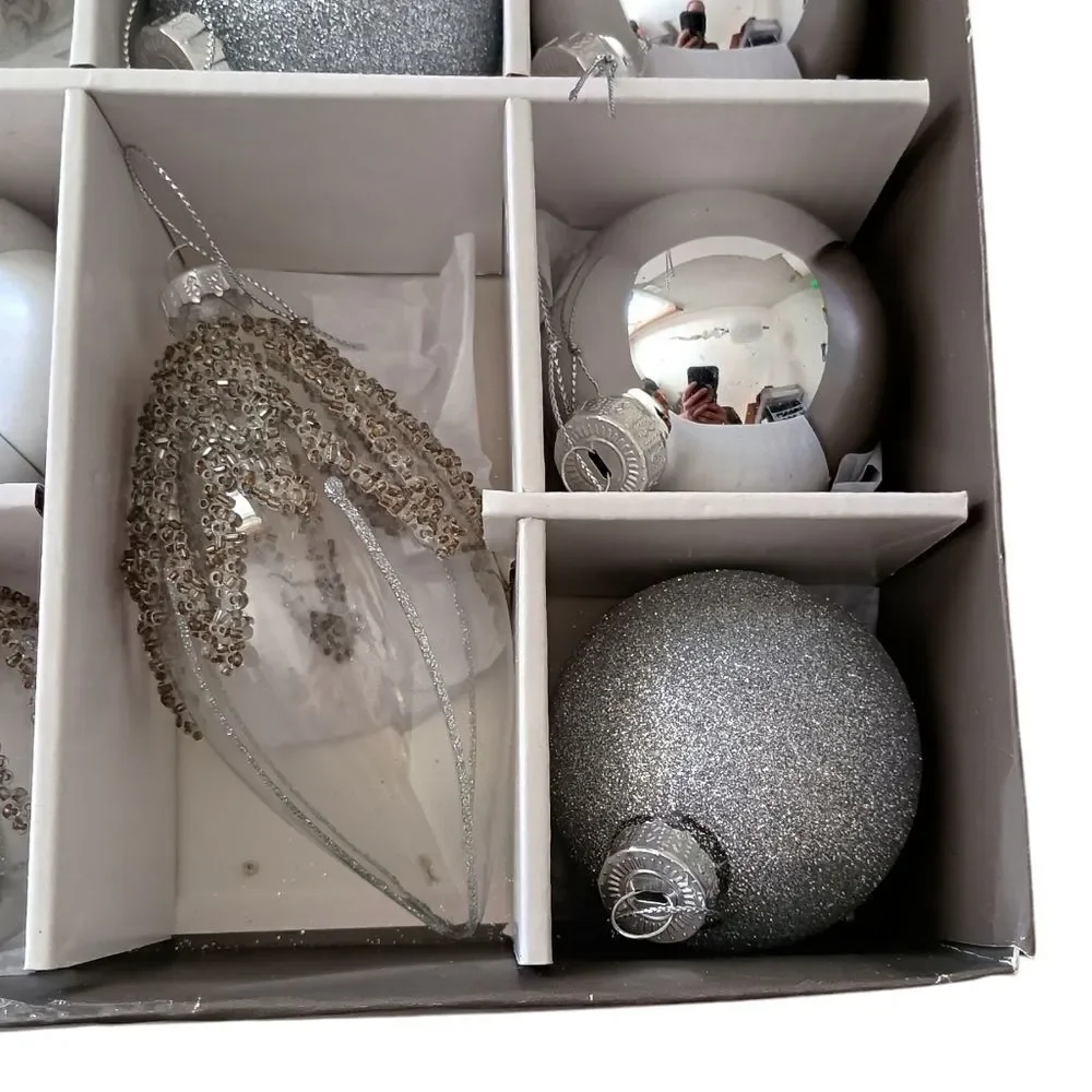 14 Martha Stewart Silver Glass Ornament Set Christmas Beaded‎ Glittery Bedford